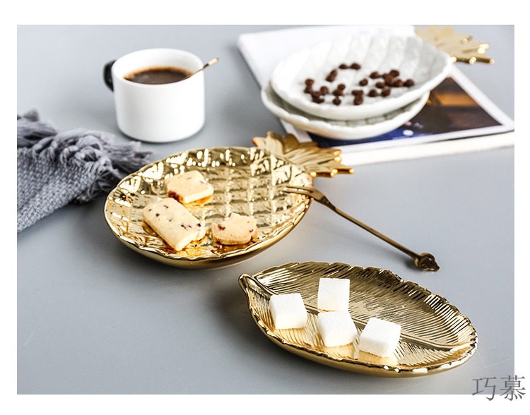 Qiao mu Nordic gold plating ceramic pineapple plate leaves jewelry receive plate dessert plate decoration plate