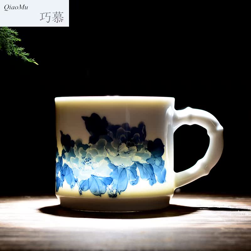 Qiao mu jingdezhen ceramic cups with cover household under glaze blue and white office gift custom hand - made color tea cup