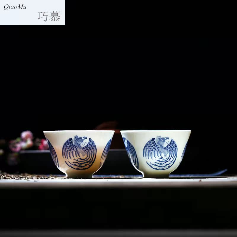 Qiao longed for blue and white hand heavy painting phoenix hand cup sample tea cup tea light blue and white porcelain tea cups