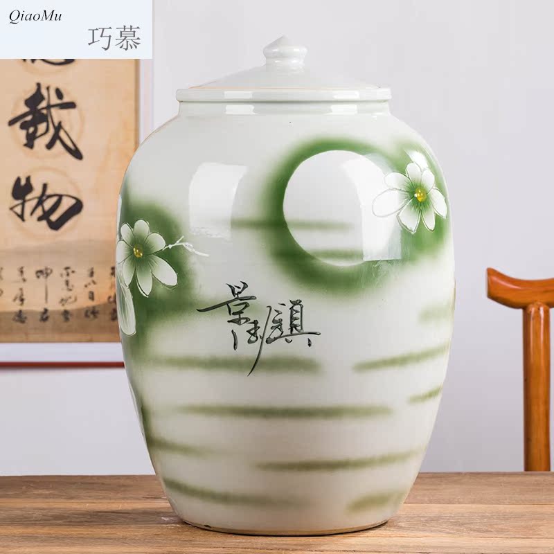 Qiao mu jingdezhen ceramic barrel ricer 50 jins home with box cover moistureproof insect - resistant sealed tank flour box vintage store