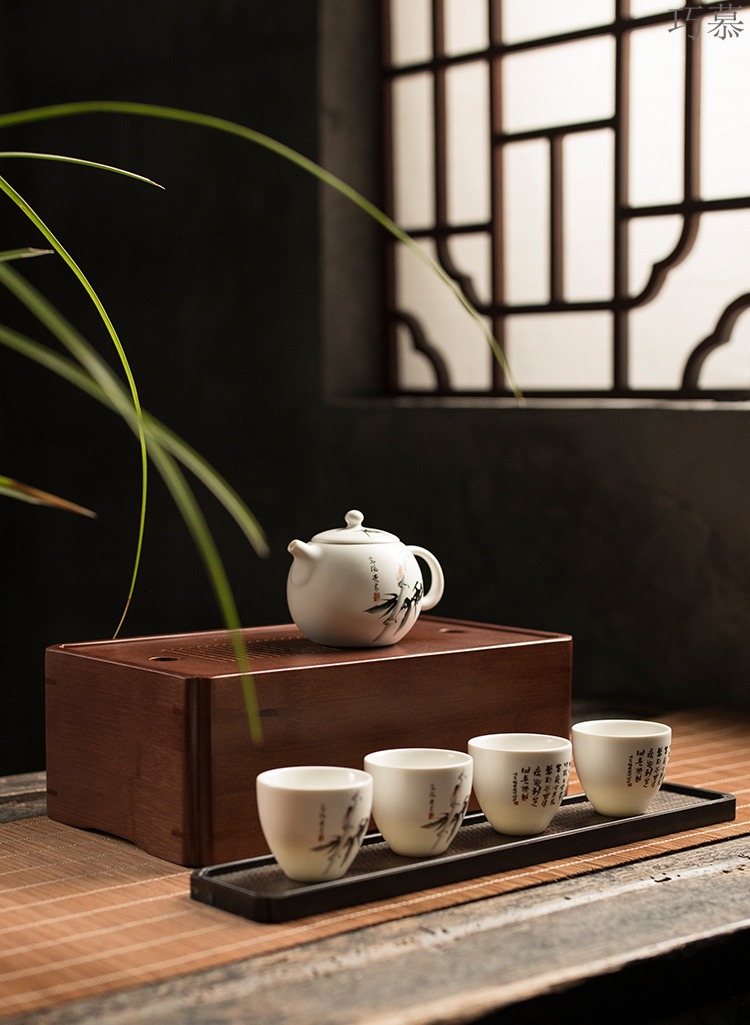 Qiao mu white porcelain bamboo box travel tea set is suing a pot of three to four cups of ceramic tureen hand grasp pot teapot