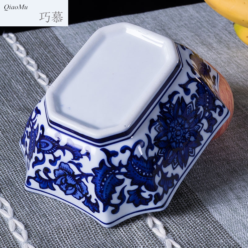 Qiao mu fruit bowl Chinese blue and white porcelain of jingdezhen ceramics compote snack plate of creative household adornment furnishing articles tea table