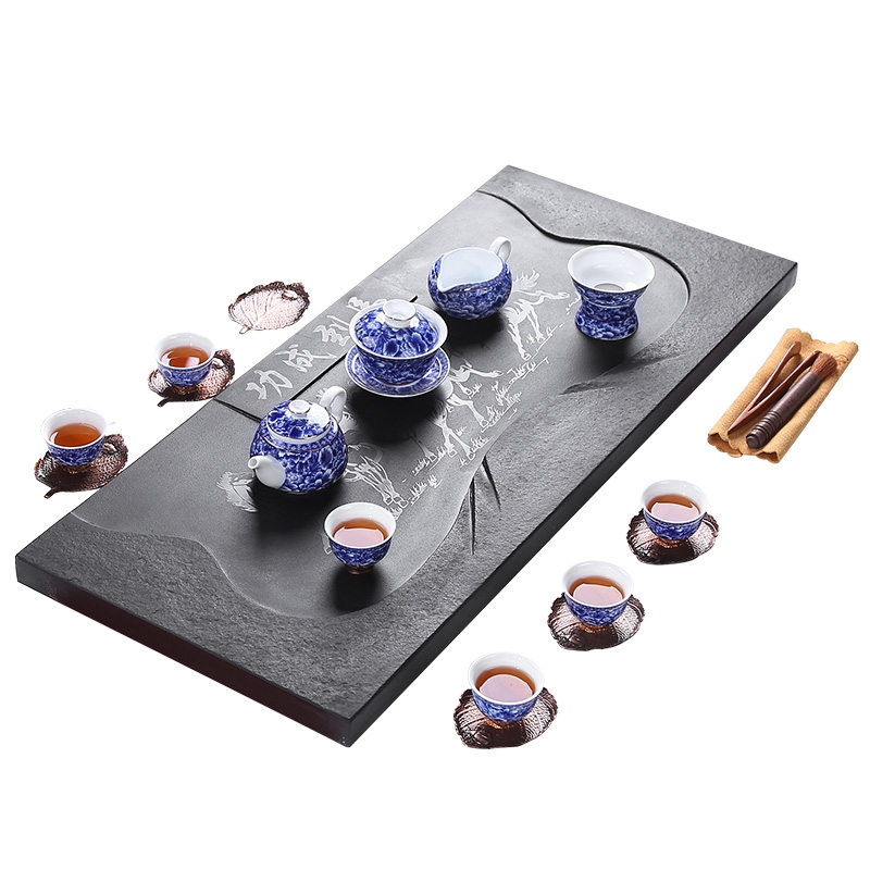 Longed for a complete set of blue and white porcelain kung fu tea set sharply opportunely stone tea tray was contracted office home tea cup high - grade group