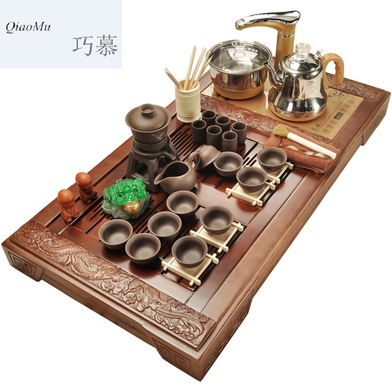 Qiao mu MG solid wood tea tray ceramic tea set household kung fu tea sets tea cups electrothermal furnace contracted bamboo