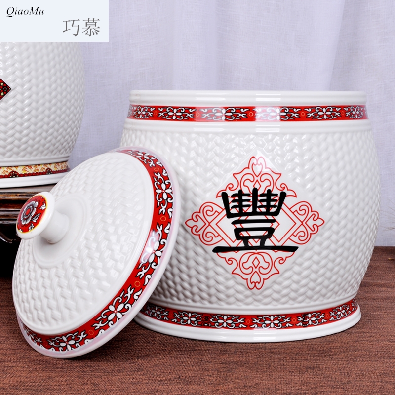 Qiao mu ceramic barrel ricer box meter box household water tanks 20 jins storage with cover seal storage tank flour moisture proof
