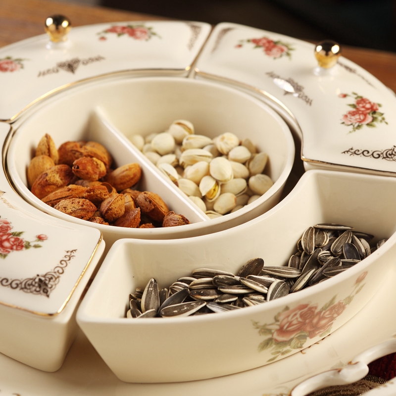 Qiao mu ou compote ceramic dry fruit tray frame with cover snack plate of the sitting room of household large - sized snack box of candy