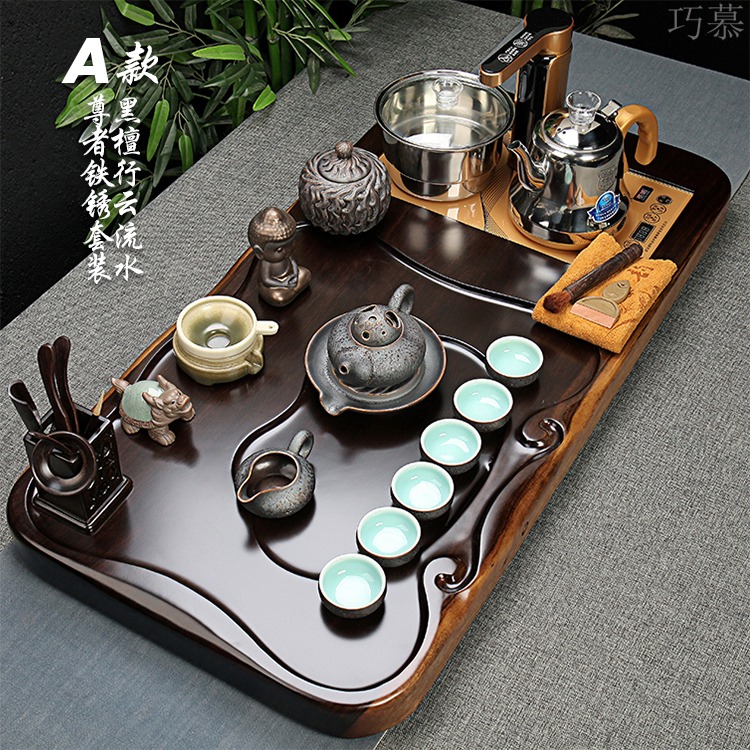 Qiao mu tea set ebony wood, ceramic purple sand tea tray was kung fu tea set of a complete set of full automatic quick furnace