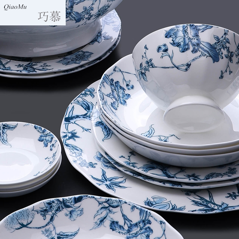 Qiao longed for blue and white porcelain tableware suit household bowls of ipads plate of jingdezhen ceramic dishes suit Chinese use chopsticks