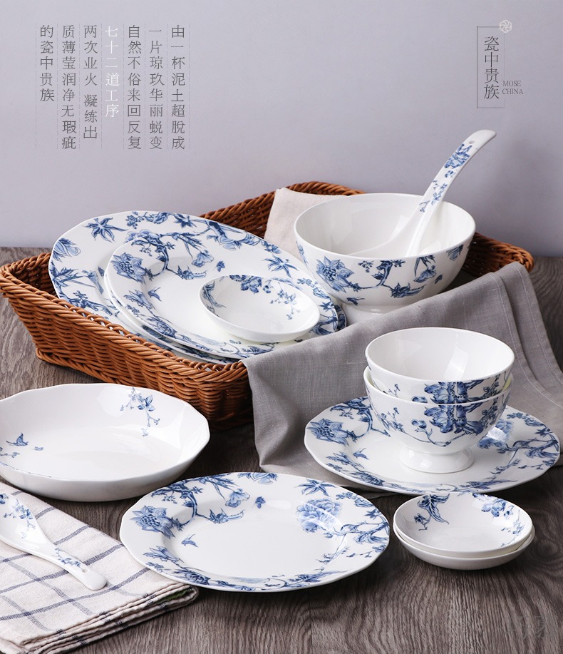 Qiao longed for blue and white porcelain tableware suit household bowls of ipads plate of jingdezhen ceramic dishes suit Chinese use chopsticks