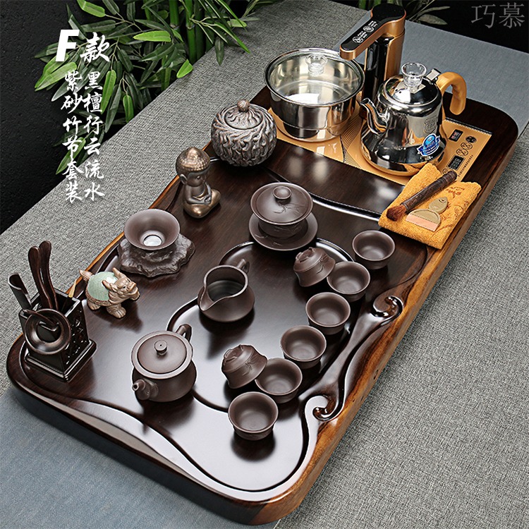 Qiao mu tea set ebony wood, ceramic purple sand tea tray was kung fu tea set of a complete set of full automatic quick furnace