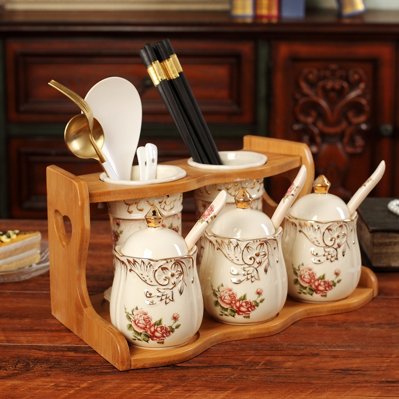 Qiao mu kitchen seasoning jar of sauce vinegar bottle double barrel combination box household ceramics seasoning box oil can chopsticks suit