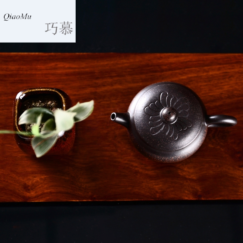 Qiao mu, yixing it pure manual black gold sand sketch kung fu teapot tea set