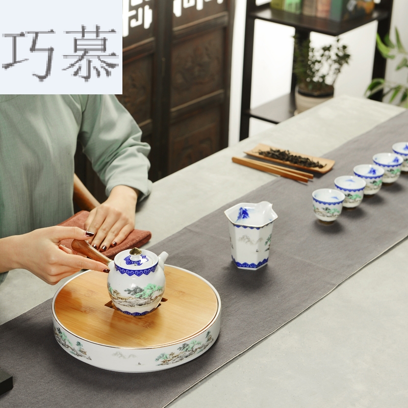 Qiao mu ceramic Japanese kung fu tea set suit household small circular bamboo tea tray was mini water mercifully tea it dry