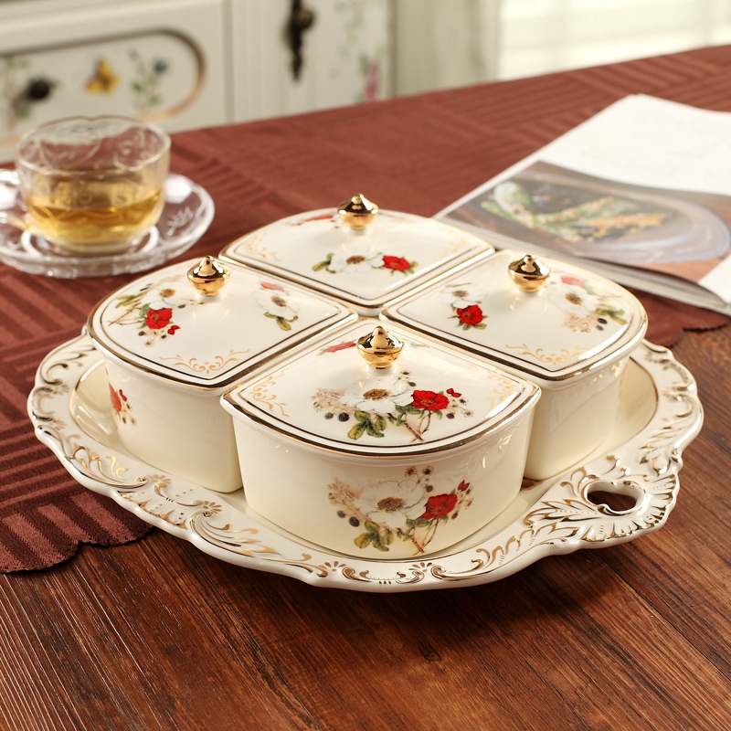 Qiao mu ou fruit bowl dried fruit tray frame with cover sitting room ceramic snack multi - function candy box of ideas to get I