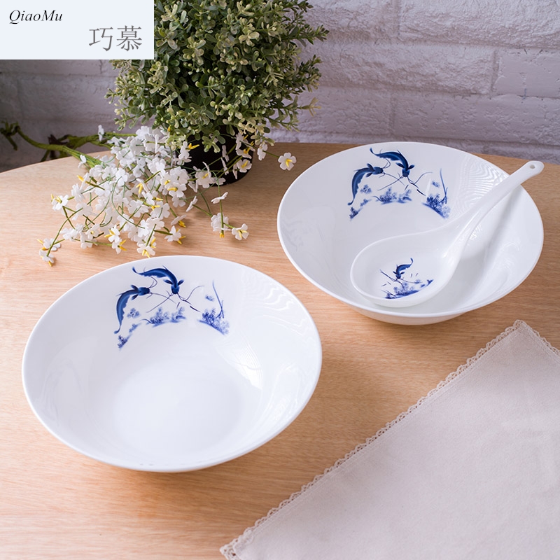 Qiao mu 9 inches large soup bowl ipads China jingdezhen nine inch hat to Korean creative glair of blue and white porcelain bowl