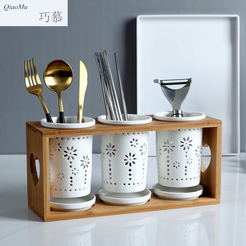 Qiao mu DHT northern wind ceramic chopsticks tube rack hollow - out of the three - cylinder chopsticks chopsticks rack drop box tableware chopsticks box