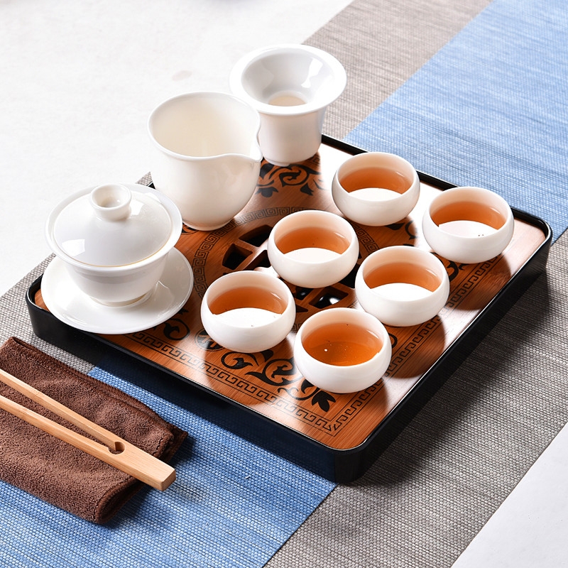 Qiao mu dehua white porcelain kung fu tea set tea home office contracted teapot teacup tureen tray