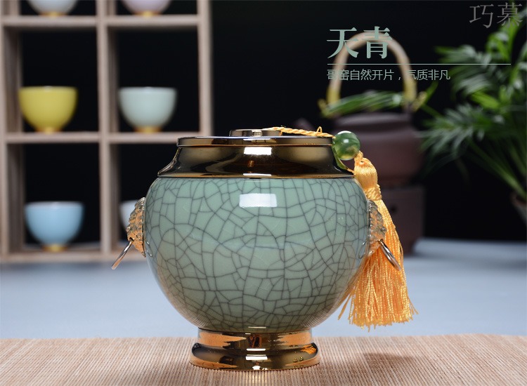 Qiao mu ceramic gold - plated caddy fixings large elder brother up with crack celadon seal storage jar, black tea, green tea package
