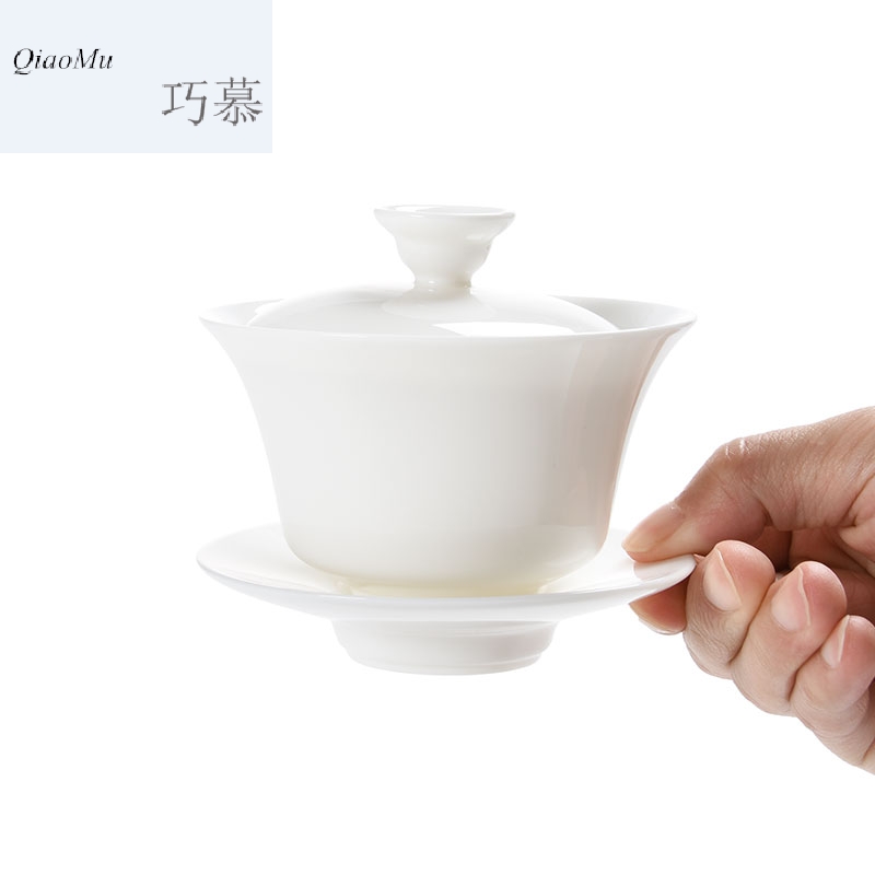 Qiao mu new dehua white porcelain tureen tea cups of household ceramics only three bowl kunfu tea tea cover cup