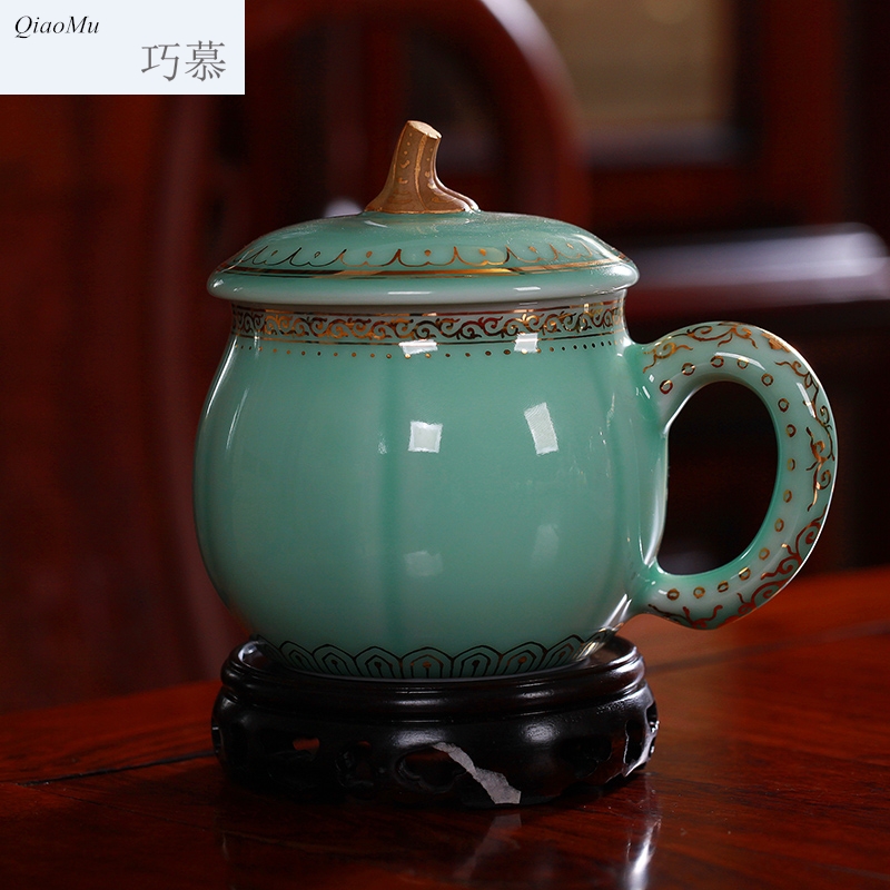 Qiao mu gold coloured drawing or pattern longquan celadon teacup pumpkin cup tea cups office keller cups with cover cups