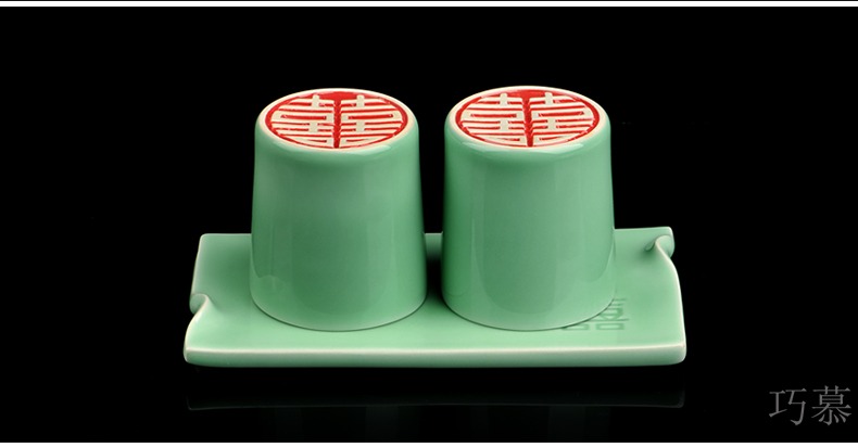 Qiao mu QYX set longquan celadon wedding gift hand - carved pedestal glass tea two cups of tea