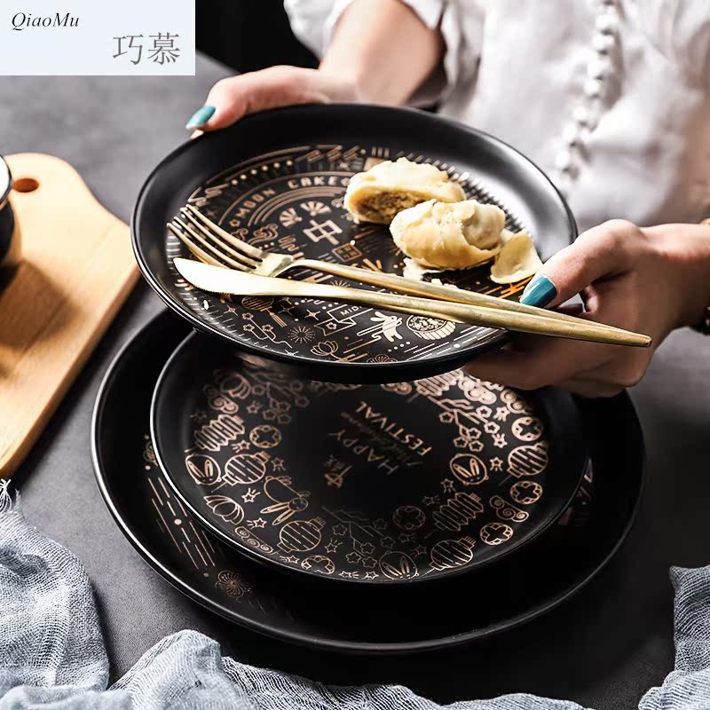 Qiao mu high - grade gold printing ceramic plate moon cakes Mid - Autumn festival snack dish dish tray was holiday gift decoration