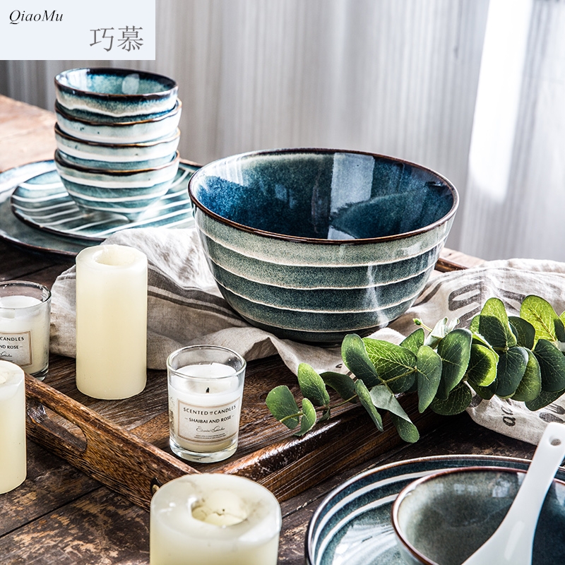 Qiam qiao mu Japanese household porcelain bowl suit ins web celebrity people contracted creative gifts tableware of indigo naturalis