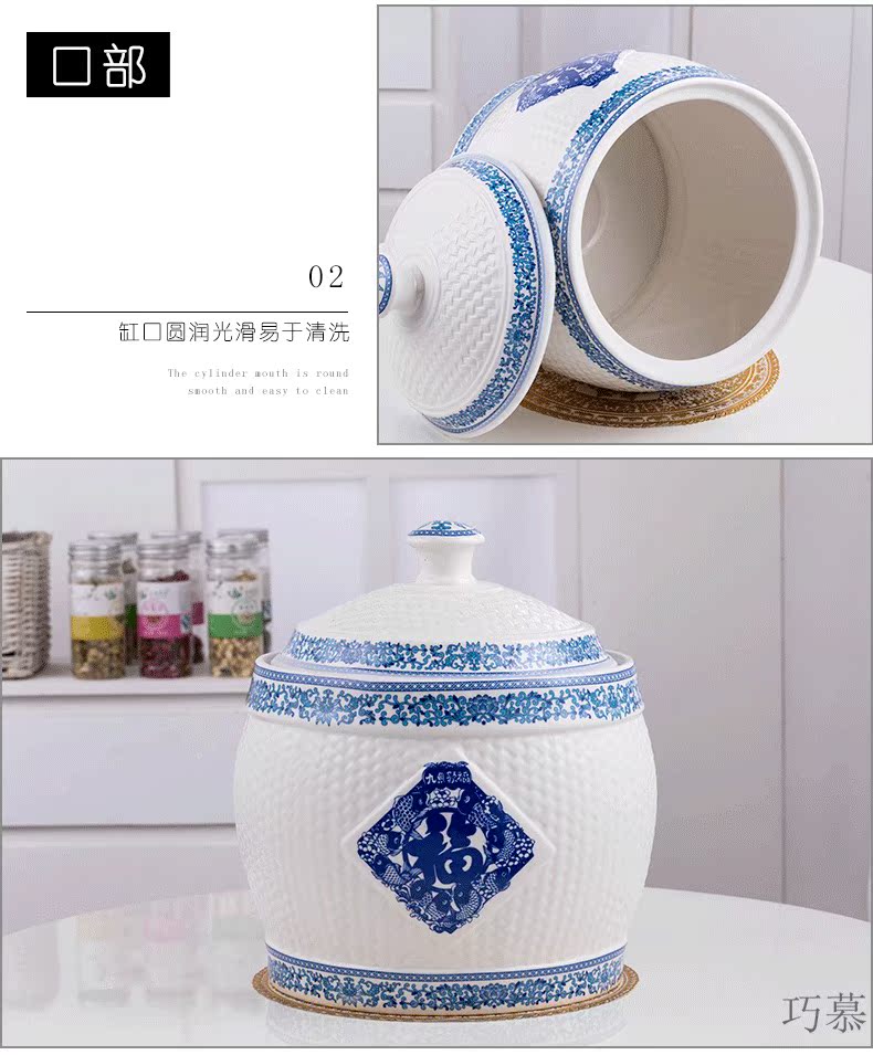 Qiao mu ceramic barrel with cover of jingdezhen ceramic ricer box with cover storage jar airtight household moistureproof insect - resistant reservoir