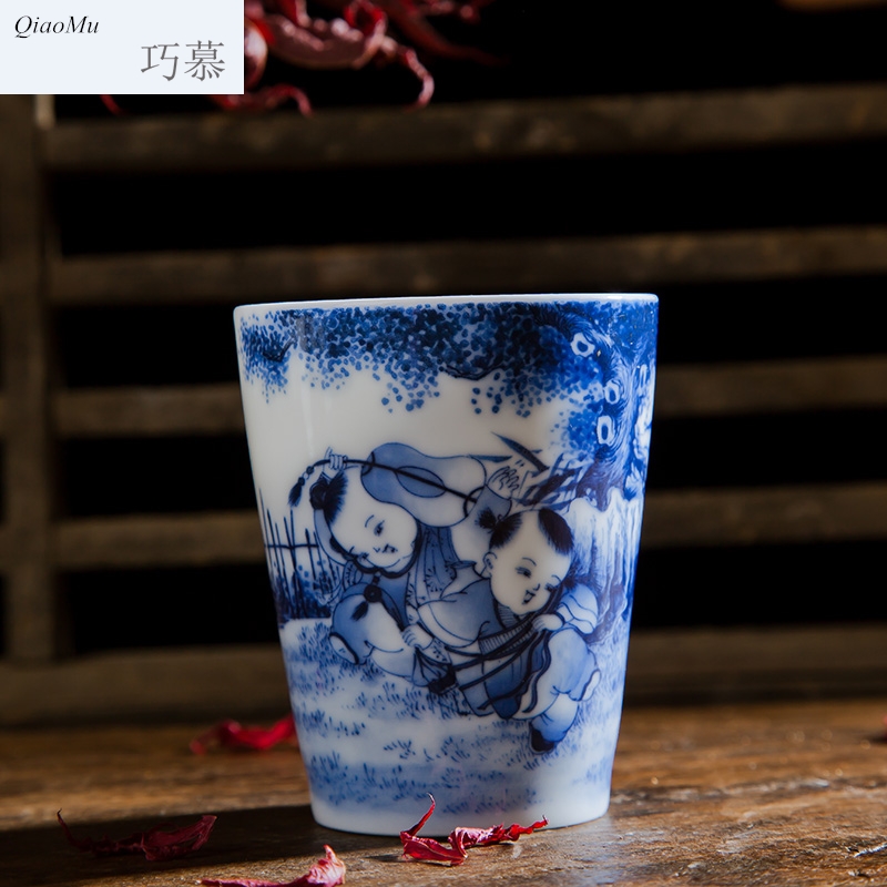 Qiao mu jingdezhen hand - made porcelain tea set the boy hand cups fragrance - smelling cup pure manual under the glaze color