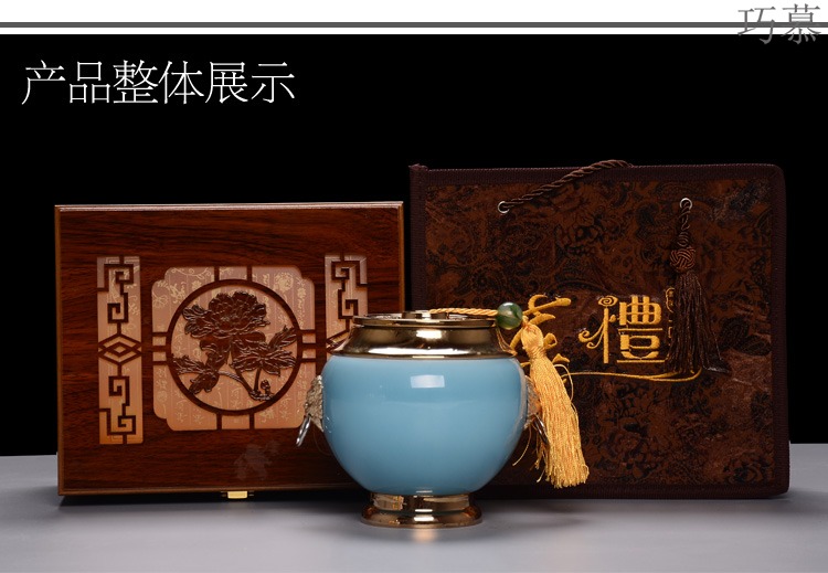 Qiao mu ceramic gold - plated caddy fixings large elder brother up with crack celadon seal storage jar, black tea, green tea package