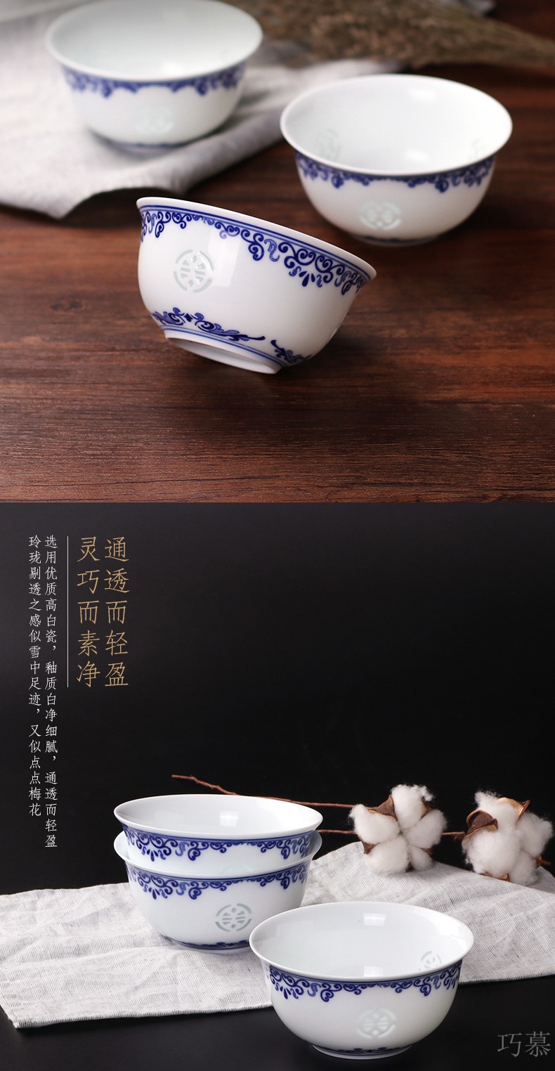 Qiao longed for blue and white porcelain bowls home for dinner and exquisite porcelain hollow out tall bowl prevent hot jingdezhen ceramic tableware