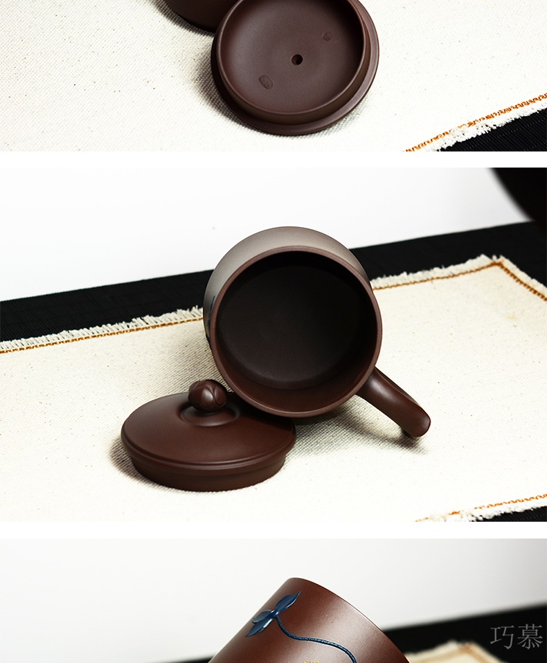 Qiao mu QD famous purple sand cup manually make tea cup yixing boutique collection lotus purple clay green belt cover cup of the republic of China