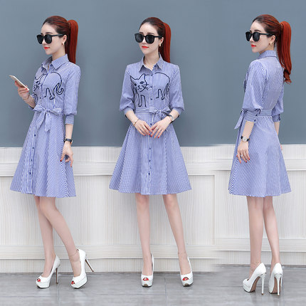 夏装2018新款女条纹衬衣衫连衣裙子韩春秋版