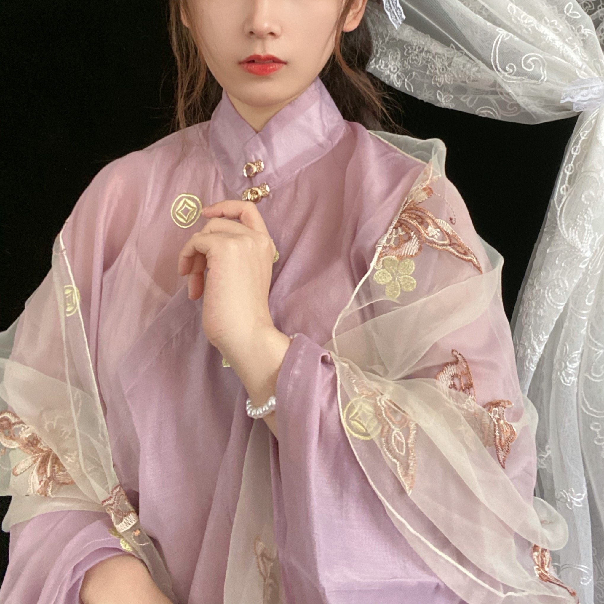 Daming bully butterfly embroidered yarn shawl draped silk scarf streamer Ming-made or Tang Dynasty Hanfu cheongsam matching