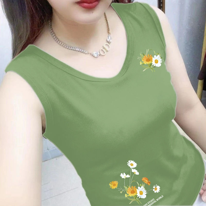 100% Pure Cotton Vest for Women, New Summer Style, Slim Fit, Middle-Aged Mother's Wear, Sleeveless Base Shirt with Floral Print t