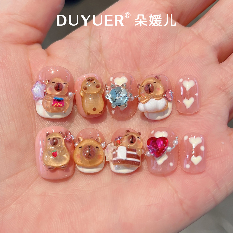Super Cute Capybara Handmade Short-Style High-End Elaborate Childlike Fake Nail Stickers Nail Art Stickers