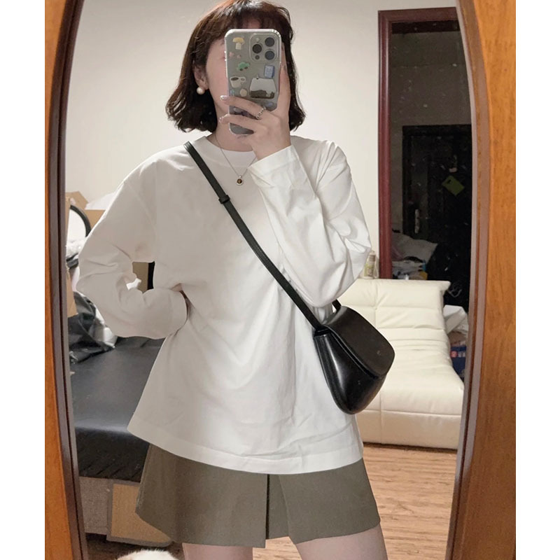 400g Heavyweight Pure Cotton Long-Sleeve T-Shirt for Women, Basic Solid Color Inner Layering Shirt, Early Autumn Round Neck Versatile Top ins