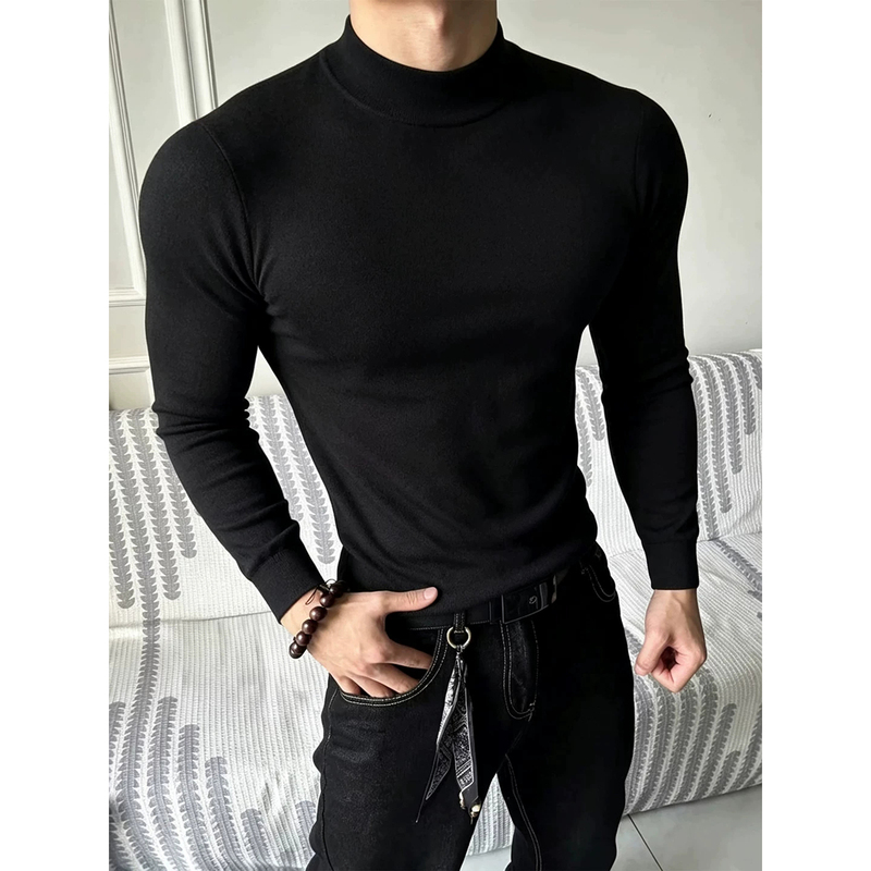 Mature Style Black Half-Turtleneck Sweater for Men, Autumn American Style, Regular Shoulder Fit, Stretchy Slim-Fit Base Layer Knitwear
