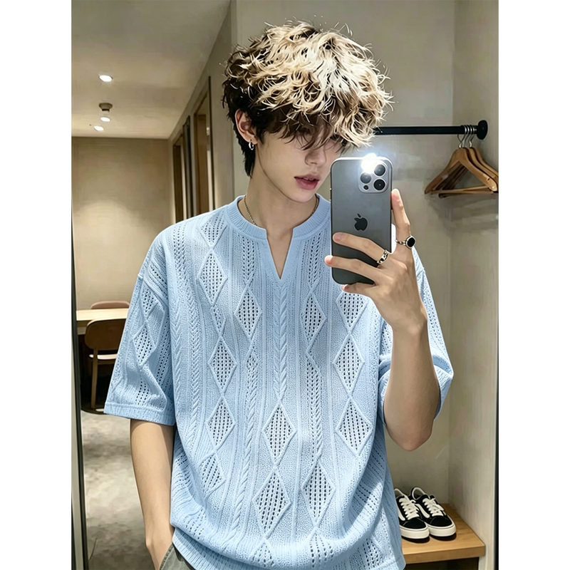 Haze Blue Textured Jacquard Hollow-Out V-Neck Short-Sleeve Men's Summer Stylish Mesh Breathable Ice Silk T-Shirt Haze Blue Textured Jacquard Hollow-Out V-Neck Short-Sleeve Men's Summer Stylish Mesh Breathable Ice Silk T-Shirt