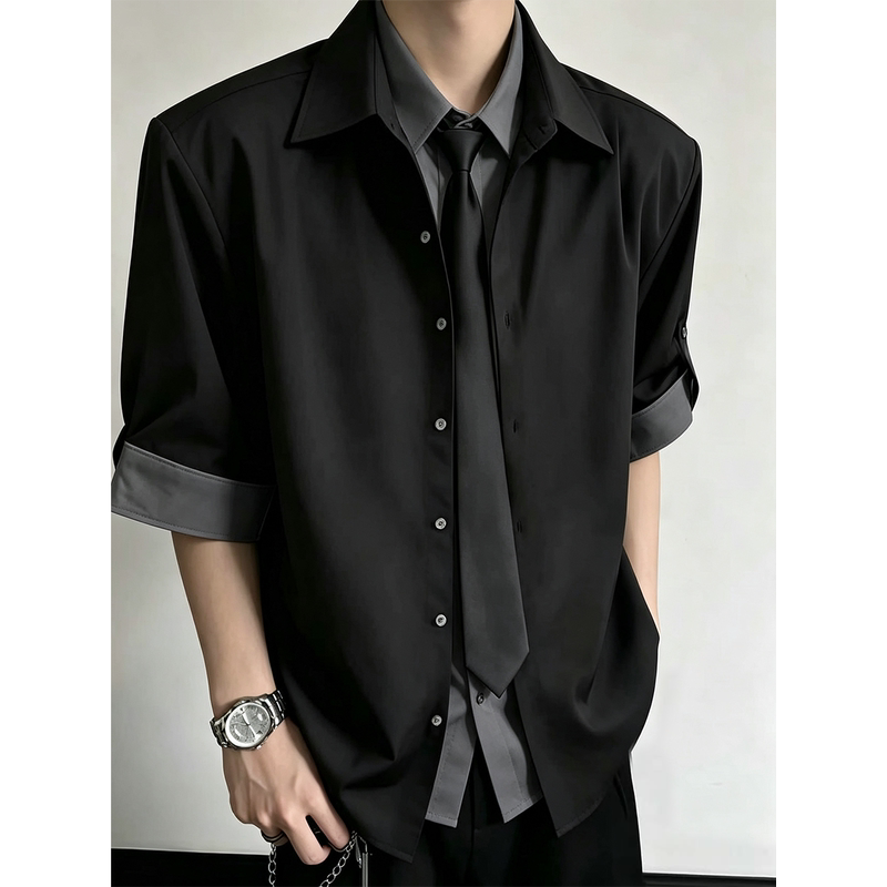 Cleanfit Fake Two-Piece Dk Tie Long-Sleeve Shirt for Men and Women with Adjustable Sleeves, Stylish Jk Academy Style Shirt Jacket