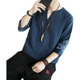 Летняя футболка с коротким рукавом, китайский стиль, с вышивкой, из хлопка и льна, V-образный вырез, большой размер