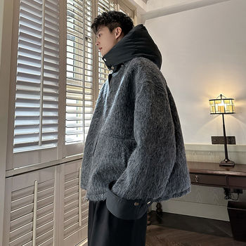 Cleanfit Gray Mohair Cotton Jacket for Men, Winter High-End Style, Detachable Thick Hooded Woolen Cotton Coat