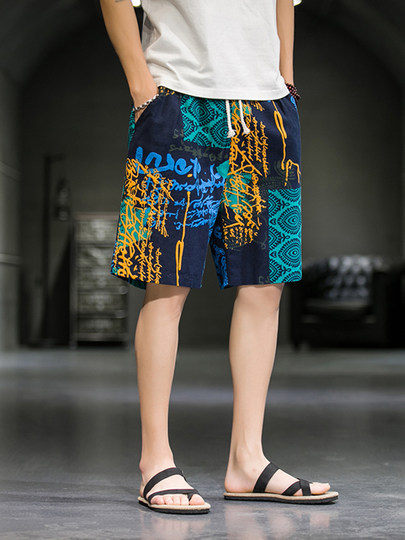 短裤男夏季潮牌五分花裤子外穿宽松速干沙滩裤男士休闲亚麻冰丝裤