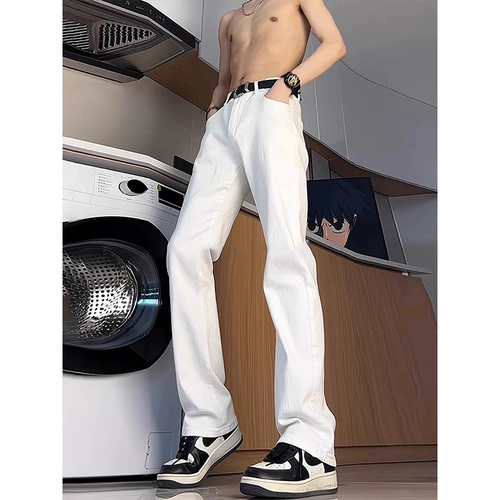 Белые летние тонкие джинсы, приталенные штаны, в американском стиле, свободный прямой крой