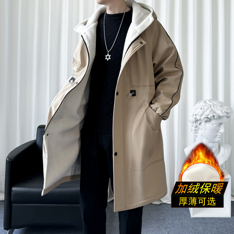Khaki Fleece-Lined Windbreaker Jacket for Men, Winter Thickened Lamb Wool Coat, Mid-Length Over-The-Knee Style for Tall Individuals