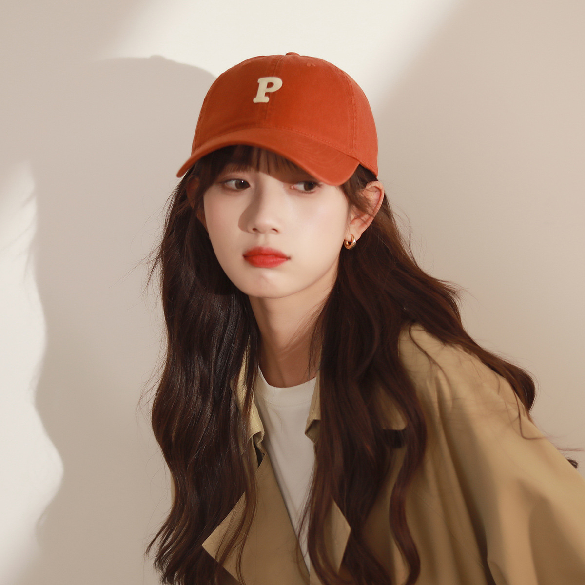 Upgraded version Korean version letter P baseball cap girl soft top sports hat Dirty Orange Color white Duck Tongue Cap Man