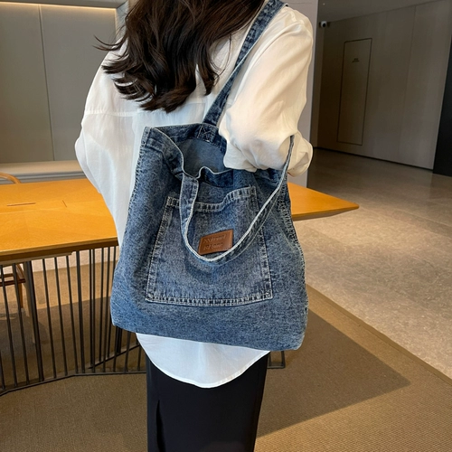 Джинсовый шоппер, вместительная и большая сумка на одно плечо, небольшая дизайнерская универсальная льняная сумка