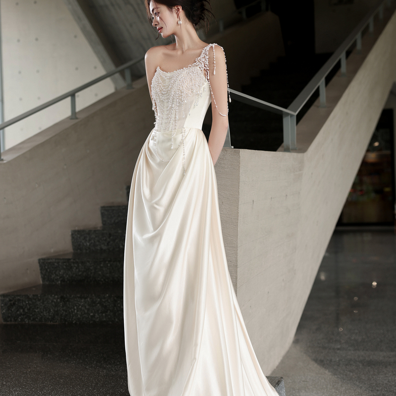 French-Style Light Wedding Dress, High-End Light Luxury Pearl Bridal Gown, Heavy-Duty Satin Engagement Dress