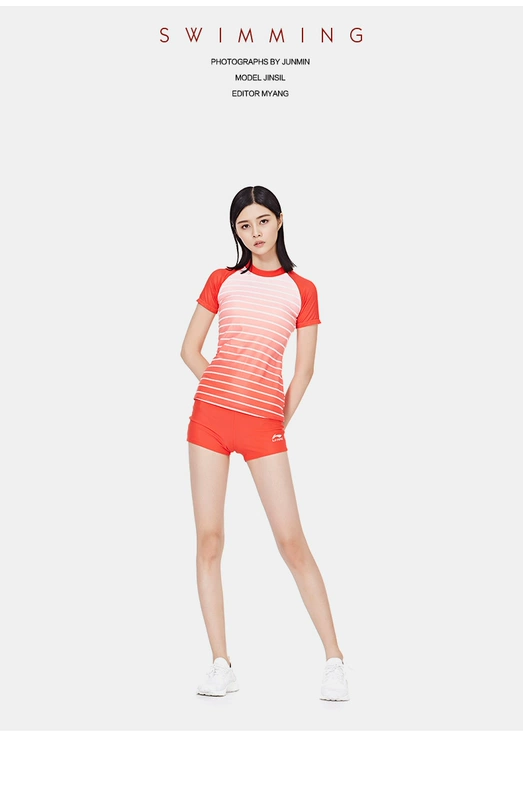 Li Ning chia áo tắm thể thao nữ ngực nhỏ bảo thủ ngắn tay mảnh mai che bụng võ sĩ sinh viên Hàn Quốc áo tắm mùa xuân nóng