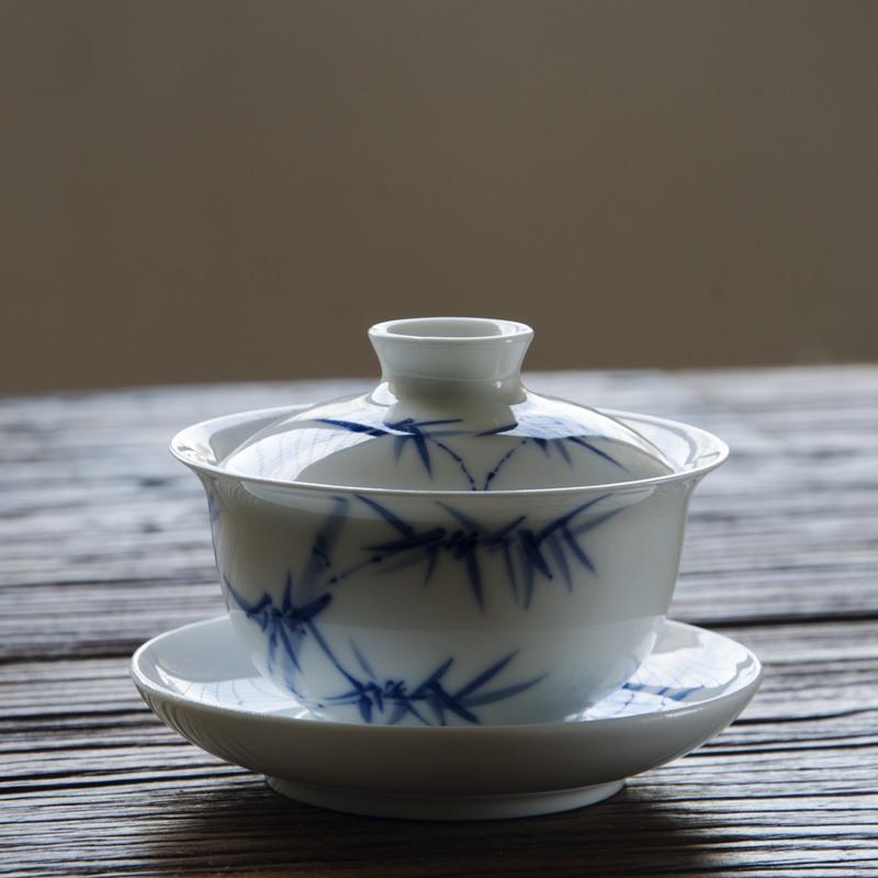 Tea Mifang Jingdezhen Qingzang Porcelain Bamboo Cover Bowl Glaze Lower Color Pure Hand Painted three-only Bowl Kung Fu Tea Furniture